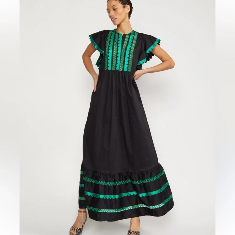 Cynthia Rowley Nairobi Kaftan Maxi Dress with Green Embroidery small - Picture 1 of 8